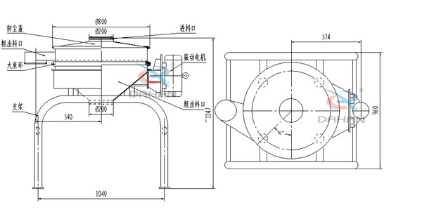 單振源直排篩機構和持續：防塵蓋（mm）：800進料口（mm）：200結構;防塵蓋，大束環，支架，振動電機，進料口等。