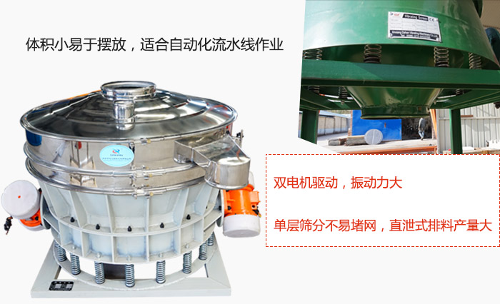 雙電機驅(qū)動，振動力大，單層篩分不易堵網(wǎng)，直泄式排料產(chǎn)量大