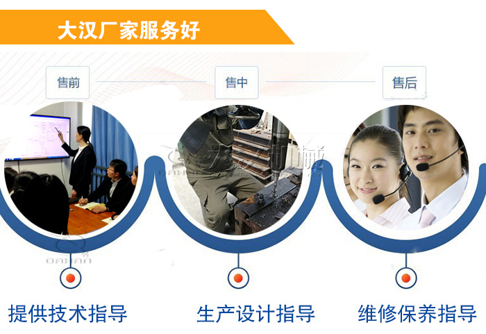 大漢廠家服務流程：售前-售中-售后：提供技術指導，生產設計指導，維修保養指導。