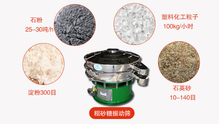 　粗砂糖振動篩更多適用范圍:食品行業(yè)，化工行業(yè)，制藥行業(yè)，行業(yè)，冶金行業(yè)等。
